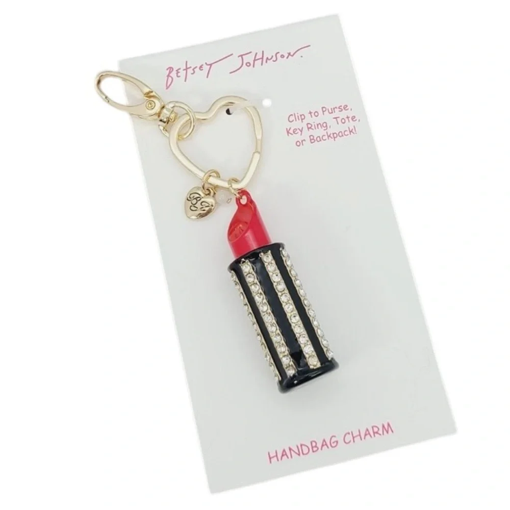BETSEY JOHNSON Fire Engine Red Lipstick Crystal-Studded Bag Charm Keychain NWT